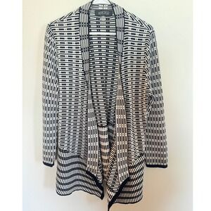 Kasper Black White Geometric Knit Open Front Cardigan Sweater Large Womens
